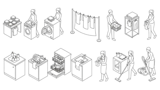 Domestic Micro-Systems Workflow &ndash; Human Activity Vector Set for Laundry, Dishwashing and Cleaning Routines in Outline Style