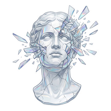 Shattered classical marble bust with holographic glass shards exploding from the face isolated on white background