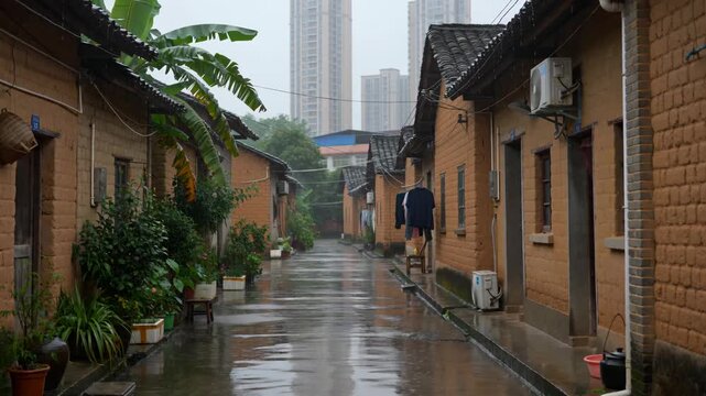 Wet Alleyway in Rural Village with Traditional Mud Brick Houses and Modern City Buildings in