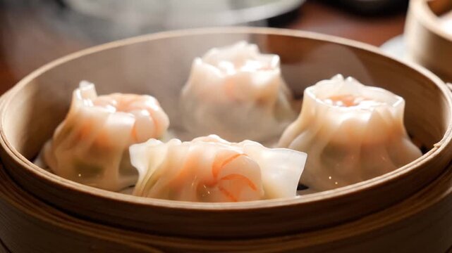 Steaming hot shrimp dim sum dumplings.