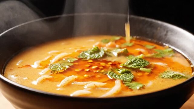 Pouring spicy curry soup over noodles.