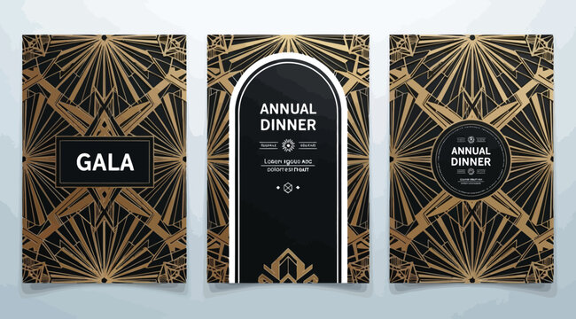 Art deco style gala and annual dinner invitation card templates with gold geometric patterns