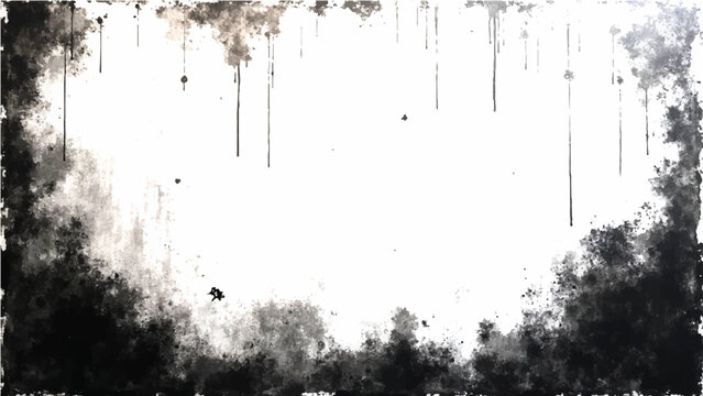 Abstract Vector monochrome frame design with textured edges and grunge artistic backdrop featuring rough ink stains and dark tones.