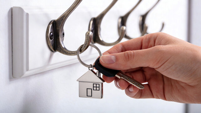 Close-up of a human hand gently hanging a house-shaped keychain and car key onto an antique-style hook, representing real estate purchase and new beginnings.