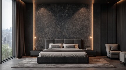 Obraz premium Modern dark grey luxury bedroom with city view