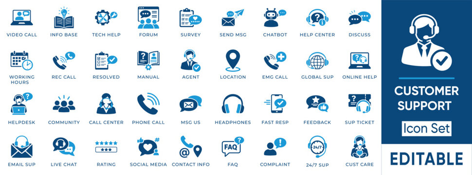 Customer Support and Call Center solid icon set. Includes symbols for Helpdesk, Live Chat, Chatbot, Complaint, and 24/7 Support. Solid vector icons for customer service and technical assistance.
