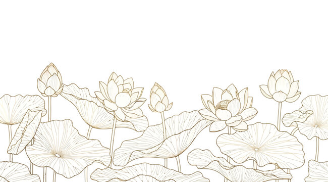 Golden lotus flower and leaf line art illustration