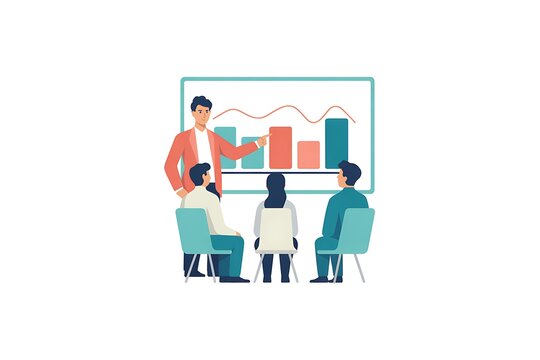 Business presentation with team discussing graph and chart data in a meeting room setting with colorful graphics displayed