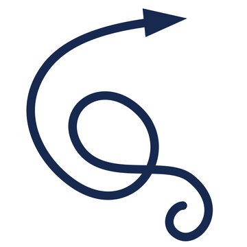 Dark blue hand-drawn swirl arrow icon, decorative sketch element, curly spiral arrow pointer for design projects, vector illustration on a transparent background
