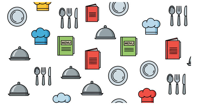 A colorful pattern of restaurant elements including dishes cutlery and chef hats