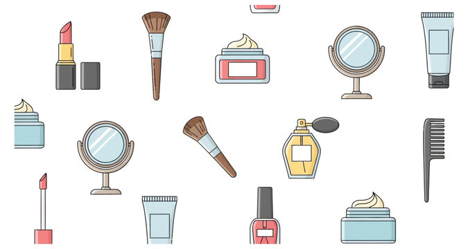 A colorful pattern showcasing various makeup and skincare products