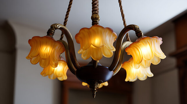 Elegant antique ceiling chandelier with glass flower-shaped shades illuminate a room, creating a warm, inviting atmosphere and vintage charm