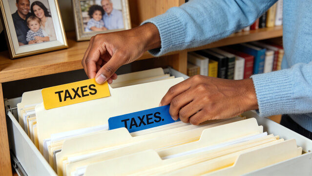 Hands organizing tax documents in a filing cabinet, preparing for financial record keeping and management.