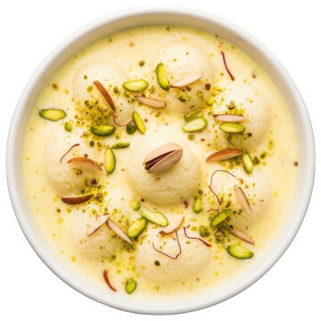 Indian Dessert png Sweet Ras Malai cutout Traditional Sweet Dish png Creamy Dessert cutout Yellow Sweet Balls png Pistachio Almond Topping cutout Bengali Milk isolated transparent background image