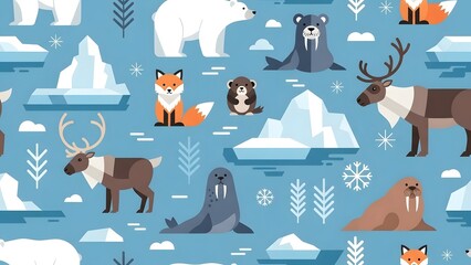 Fototapeta premium Arctic wildlife seamless pattern featuring polar bears, walruses, reindeer, and arctic foxes among icebergs and snow on a cool blue background, ideal for winter designs and nature themes