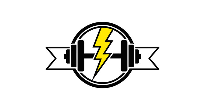 A black and yellow emblem featuring dumbbells and a lightning bolt