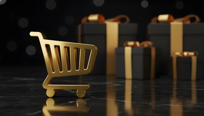 Naklejka premium Golden shopping cart icon standing on black marble with luxury gift boxes in the background for a premium black friday retail promotion and e-commerce sale concept