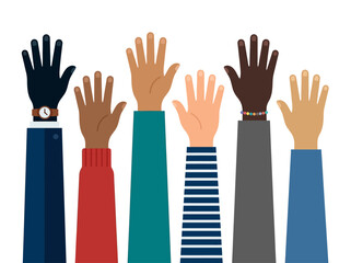 Fototapeta premium Diverse Multi-Ethnic Hands Raised for Unity, Inclusion, and Volunteering Concept Vector Illustration