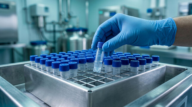 Scientist Picking Up Cryovial with Samples from Laboratory Rack for Medical Research Analysis