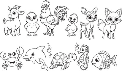 Fototapeta premium black and white cartoon animals for kids coloring book