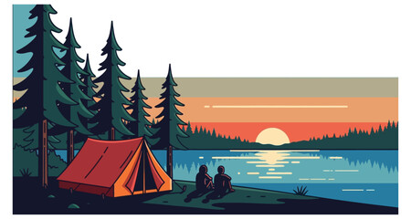 A peaceful illustration depicts a camping scene with a tent and two people by a lake © Hridoy