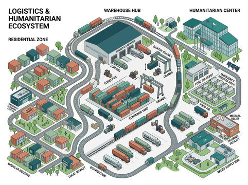 Isometric Infographic of a Logistics and Humanitarian Ecosystem featuring Supply Chain Hub, Disaster Relief Center, Modular Housing, and Emergency Transport Infrastructure