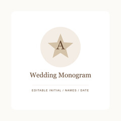 Fototapeta premium Minimalist Wedding Monogram Logo with Editable Star Initial; Elegant Beige Circular Emblem for Invitations and Branding Design