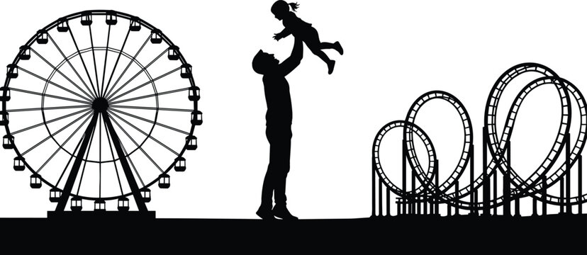 Father Holding Daughter at Amusement Park Featuring Ferris Wheel and Roller Coaster Silhouette Background for Family Fun Vector Illustration