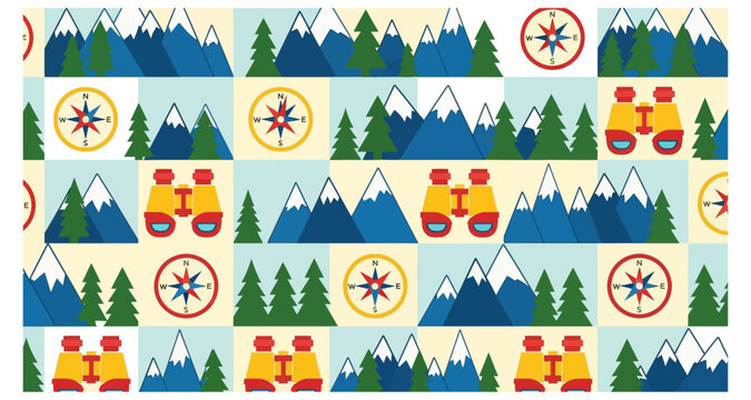A colorful repeating pattern featuring mountains binoculars and compasses