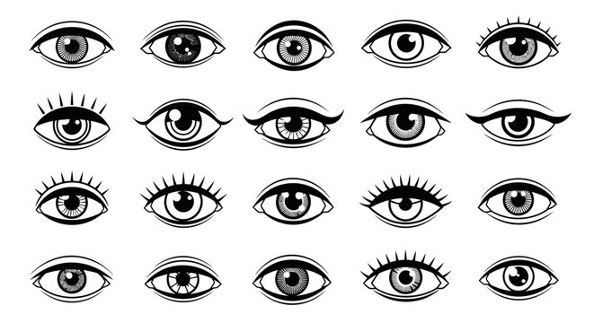 A collection of stylized human eyes with various shapes, eyelashes, and pupil designs, presented in a grid format, suitable for graphic design.