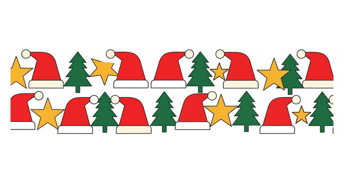 A repeating pattern of santa hats christmas trees and stars on a beige background