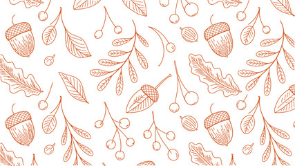 autumn seasonal seamless vector pattern, hand drawn sketch leaves with oak, maple, chestnut, acorn, and rowan berry elements, modern trendy line art background for surface design, cards, and print. © Mobarok Hossen Munna