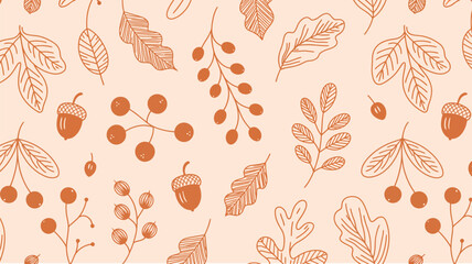 autumn seasonal seamless vector pattern, hand drawn sketch leaves with oak, maple, chestnut, acorn, and rowan berry elements, modern trendy line art background for surface design, cards, and print. © vector by martin