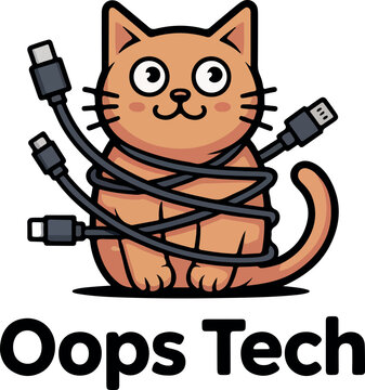 Orange cat tangled in black tech cables with Oops Tech text