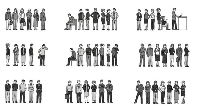 Top-Down Human Waiting Behavior System &ndash; Architectural CAD Human Activity Vector Set of Queues, Delay and Impatience in Silhouette Style