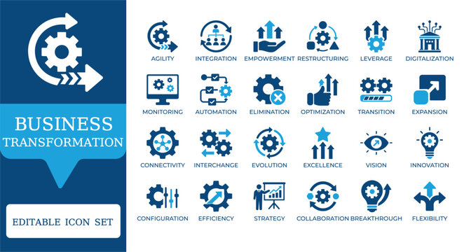 Business Transformation and Digital Innovation Icons. Featuring automation, strategy, growth, and workflow optimization symbols. Professional duotone vector for corporate apps