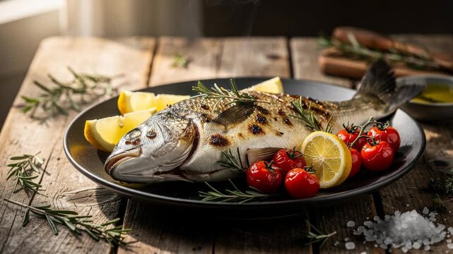 Perfectly grilled whole fish garnished with fresh rosemary cherry tomatoes and lemon on a rustic table