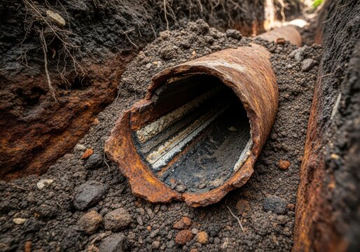 Decaying concrete pipe buried in forest floor amidst dry leaves