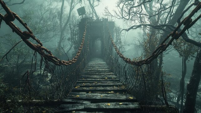 Abandoned suspension bridge in a spooky forest foggy day