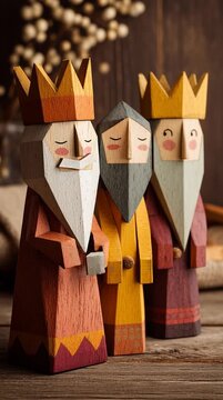 Three wooden carved figurines of the wise men standing together on a rustic table.
