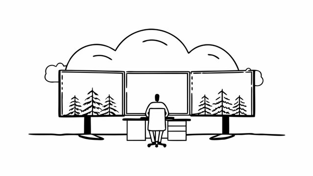 Person sitting at a desk with multiple monitors displaying forests under a cloud graphic monitors computer technology illustration information multiple workspace connection computing