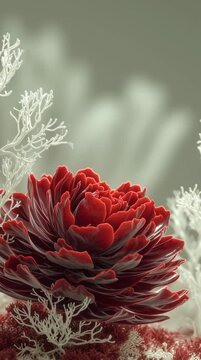 Macro close up of a bright red succulent flower surrounded by white coral branches.