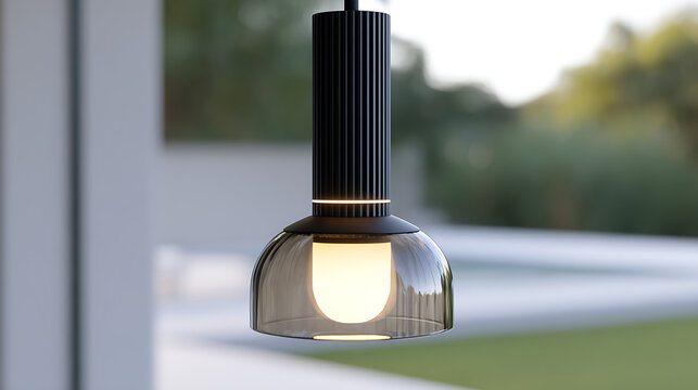 Modern minimalist black and smoky glass LED pendant light fixture isolated against a blurred outdoor background, sleek design, elegant lighting solution