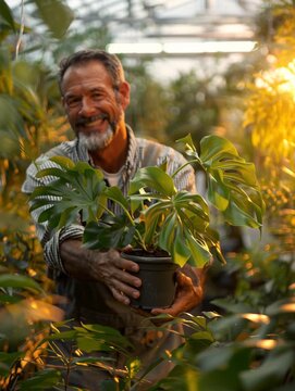 Happy senior male gardener holding a potted green plant inside a sunny greenhouse