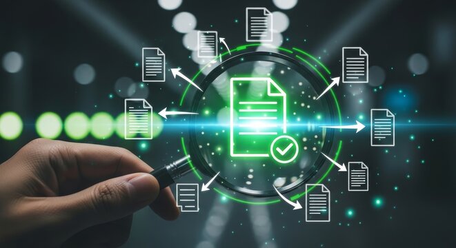hand interacting with glowing green document icons in futuristic interface