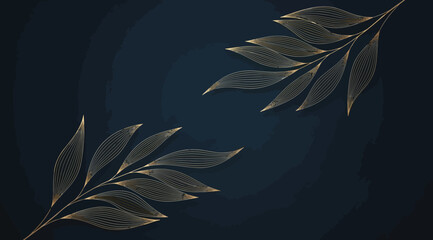 Elegant golden leaves on a dark blue background, luxury floral design for invitations and greeting cards © S.Siam