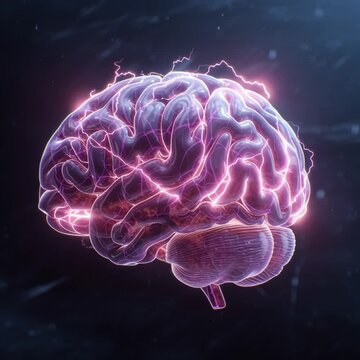 Glowing human brain structure with bright pink electrical nerve signals flashing.