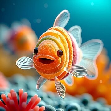 Cute orange striped tropical fish swimming over a colorful coral reef underwater