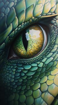 Extreme close up of a bright green reptilian dragon monster eye with detailed sharp scales