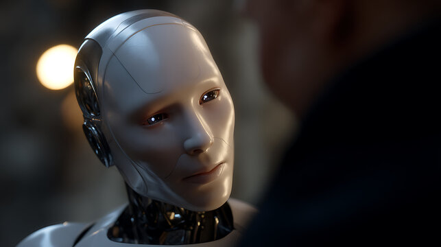 Intricate human-like android head close-up in dimly lit environment, reflecting advanced technology and sophisticated design for future concepts